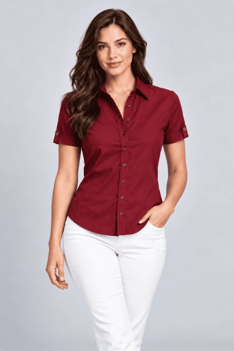 Women’s Classic Fit Short-Sleeve Oxford Hospitality Shirt – Deep Berry