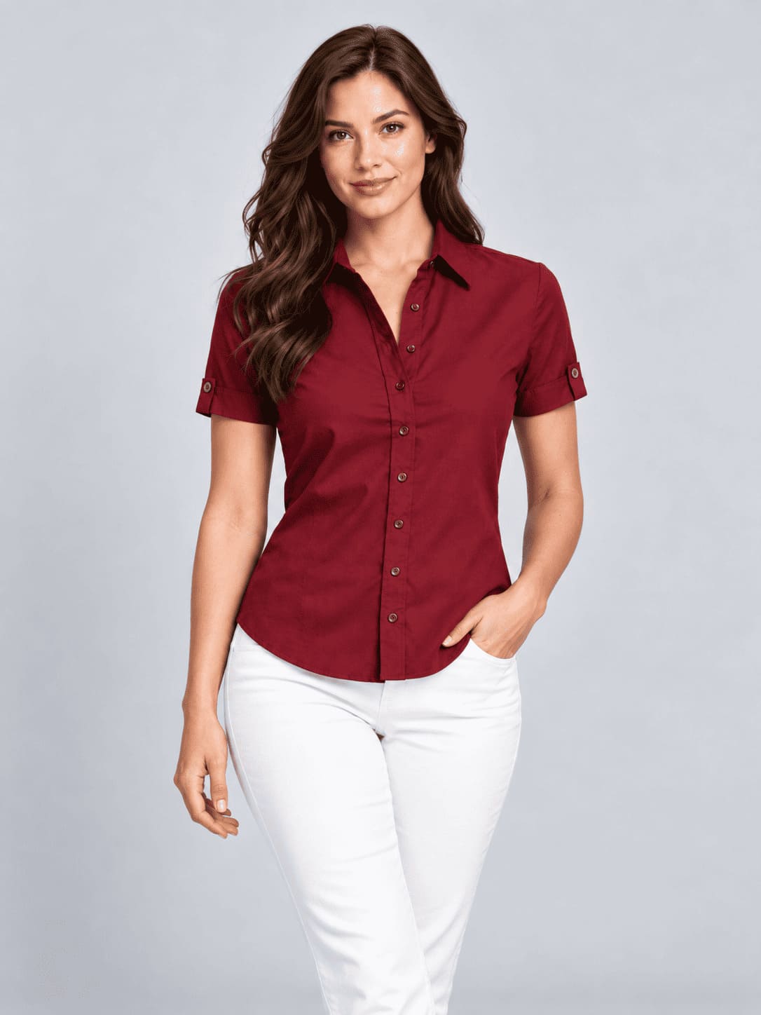 Women’s Classic Fit Short-Sleeve Oxford Hospitality Shirt – Deep Berry