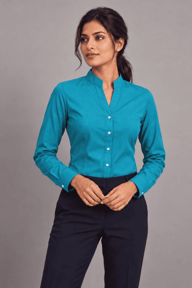 Women’s Long-Sleeve Mandarin Collar Hospitality Shirt – Ocean Blue