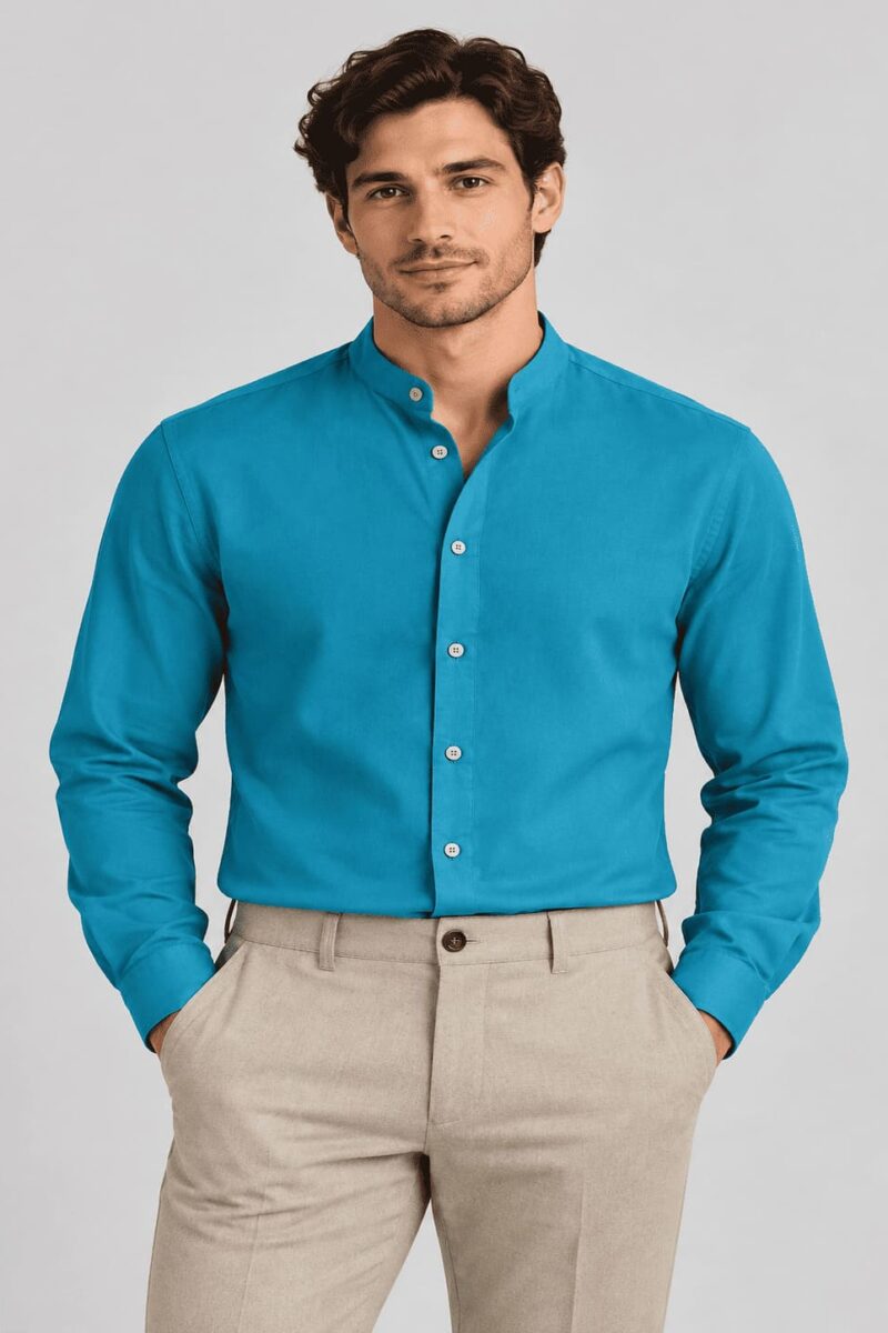 Men’s Long-Sleeve Mandarin Collar Hospitality Shirt – Ocean Blue